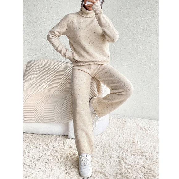 2 Piece Knit Set Turtleneck Sweater & Pants Beige - Picture 3 of 16